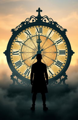 A figure standing in front of a large clock that represents the concept of time, with half of the clock symbolizing the present and the other half representing the past