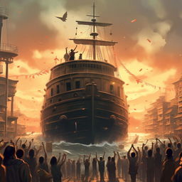 Generate an image in the style of Makoto Shinkai illustrating a poem. The scene shows a weathered ship that has completed its journey, approaching a port. Cheering people, jingling bells, and a steady, bold, grim vessel are the primary elements.