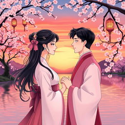 A romantic illustration inspired by Eastern themes, featuring a picturesque sunset over a serene landscape