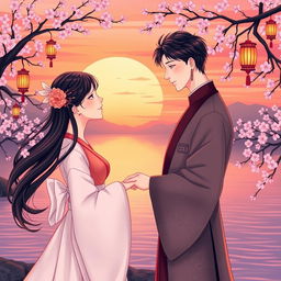 A romantic illustration inspired by Eastern themes, featuring a picturesque sunset over a serene landscape