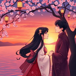 A romantic illustration inspired by Eastern themes, featuring a picturesque sunset over a serene landscape