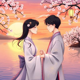 A romantic illustration inspired by Eastern themes, featuring a picturesque sunset over a serene landscape