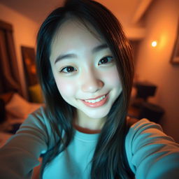 A close-up selfie shot taken by a cute Japanese college student in a dimly lit room
