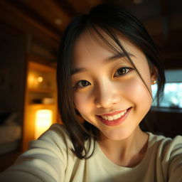 A close-up selfie shot taken by a cute Japanese college student in a dimly lit room