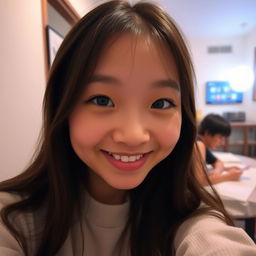 A close-up selfie shot taken by a cute Japanese college student in a dimly lit room