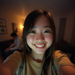 A close-up selfie shot taken by a cute Japanese college student in a dimly lit room