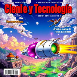 Create a vibrant and dynamic cover for a Science and Technology magazine, featuring elements inspired by the Dragon Ball universe