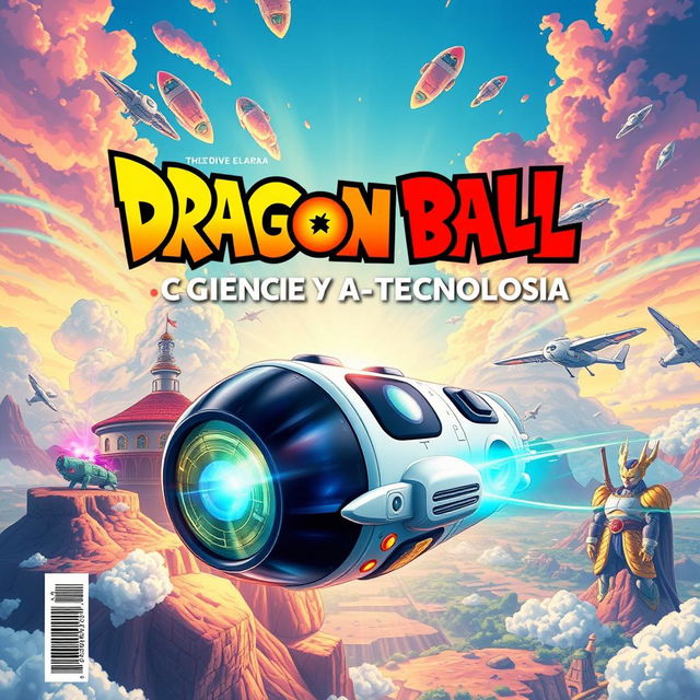 Create a vibrant and dynamic cover for a Science and Technology magazine, featuring elements inspired by the Dragon Ball universe