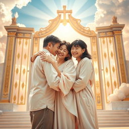 A heartwarming and uplifting scene at the gates of heaven, showcasing a joyful reunion between a 60-year-old Caucasian husband with brunette hair and his 43-year-old oriental brunette-haired wife