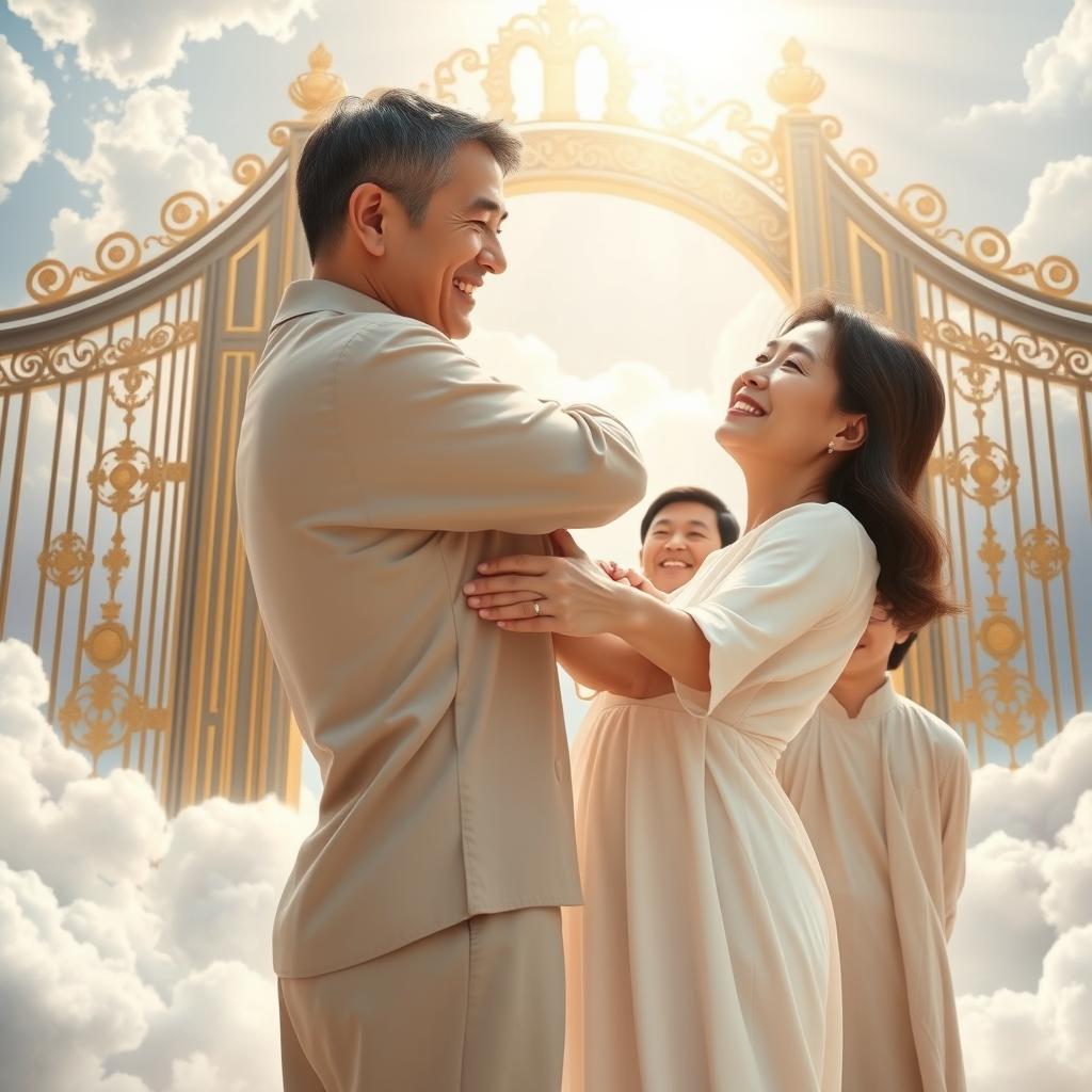 A heartwarming and uplifting scene at the gates of heaven, showcasing a joyful reunion between a 60-year-old Caucasian husband with brunette hair and his 43-year-old oriental brunette-haired wife