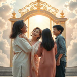 A heartwarming and uplifting scene at the gates of heaven, showcasing a joyful reunion between a 60-year-old Caucasian husband with brunette hair and his 43-year-old oriental brunette-haired wife