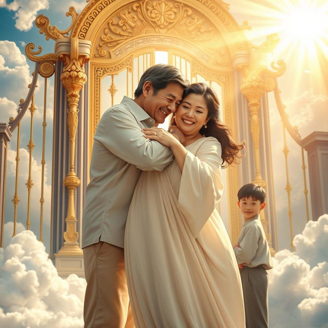 A heartwarming and uplifting scene at the gates of heaven, showcasing a joyful reunion between a 60-year-old Caucasian husband with brunette hair and his 43-year-old oriental brunette-haired wife