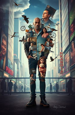 A surreal image depicting a character named Adel standing in the center, with half of him representing the present and the other half illustrating scenes from the past, such as old photographs or moments from the incident of losing his parents