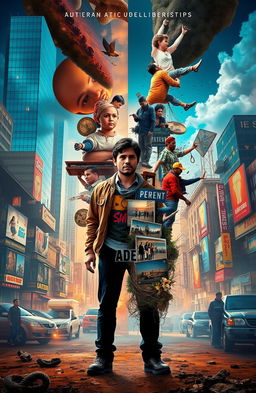 A surreal image depicting a character named Adel standing in the center, with half of him representing the present and the other half illustrating scenes from the past, such as old photographs or moments from the incident of losing his parents