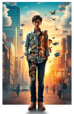 A surreal image depicting a character named Adel standing in the center, with half of him representing the present and the other half illustrating scenes from the past, such as old photographs or moments from the incident of losing his parents
