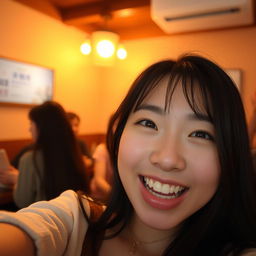 A cute Japanese college student taking a playful close-up selfie in a dimly lit room