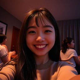 A cute Japanese college student taking a playful close-up selfie in a dimly lit room