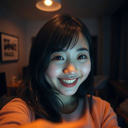 A cute Japanese college student taking a playful close-up selfie in a dimly lit room