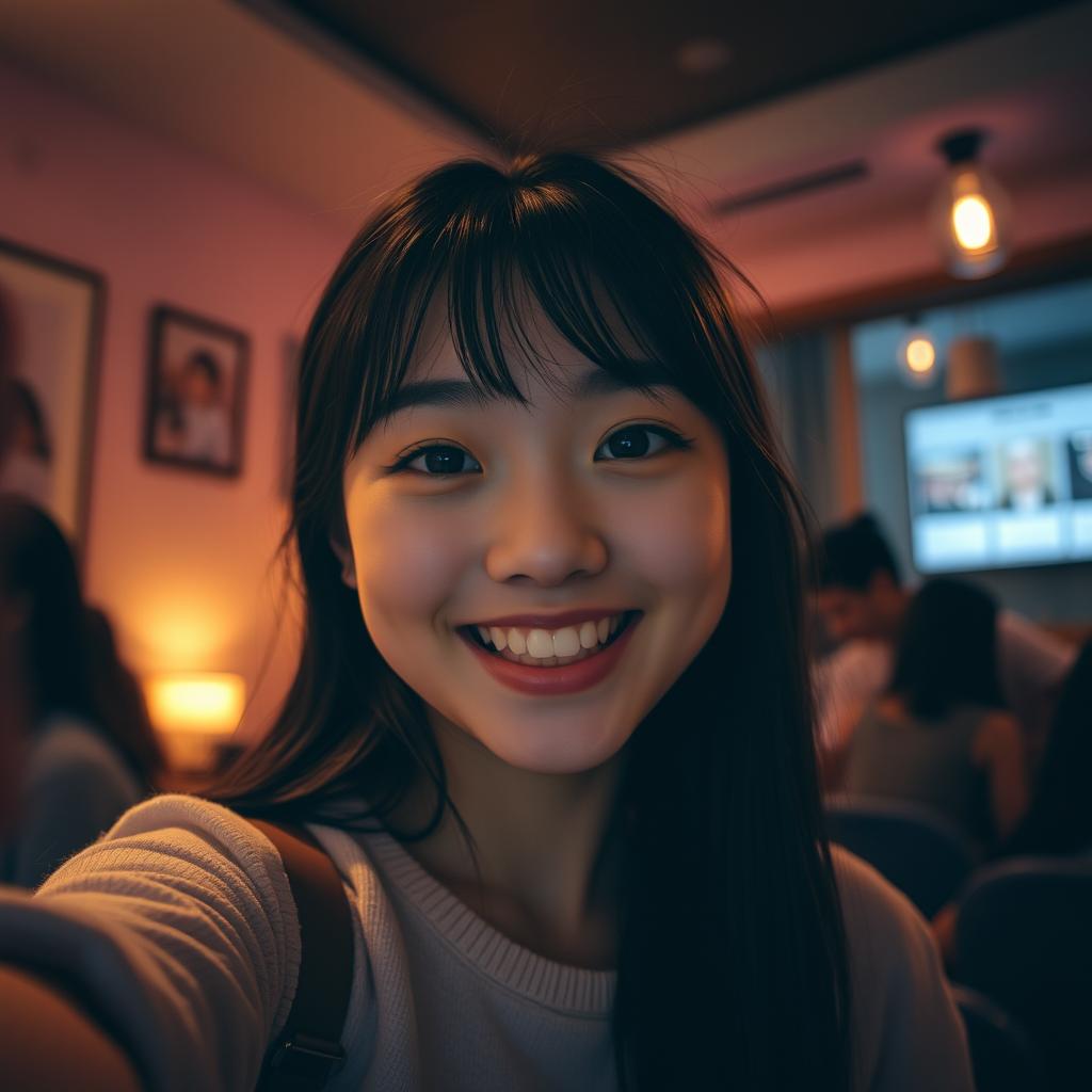 A cute Japanese college student taking a playful close-up selfie in a dimly lit room