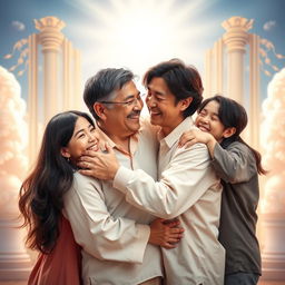 A warm and uplifting scene at the gates of heaven, showcasing a joyous reunion between a 60-year-old Caucasian husband with brunette hair and his 43-year-old oriental brunette-haired wife
