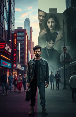 A surreal and evocative scene featuring Adel in the center, split between the present and the past