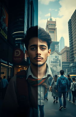 A surreal and evocative scene featuring Adel in the center, split between the present and the past