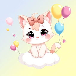 A cute and whimsical illustration of a character resembling a cartoon cat with big eyes, wearing a bow on its head, and surrounded by pastel colors
