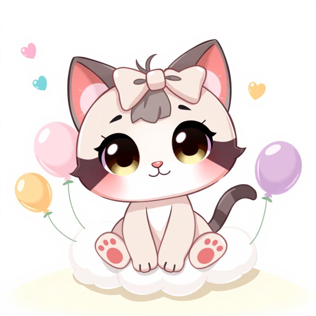 A cute and whimsical illustration of a character resembling a cartoon cat with big eyes, wearing a bow on its head, and surrounded by pastel colors