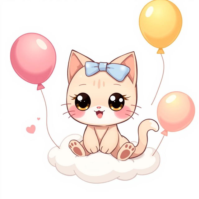 A cute and whimsical illustration of a character resembling a cartoon cat with big eyes, wearing a bow on its head, and surrounded by pastel colors