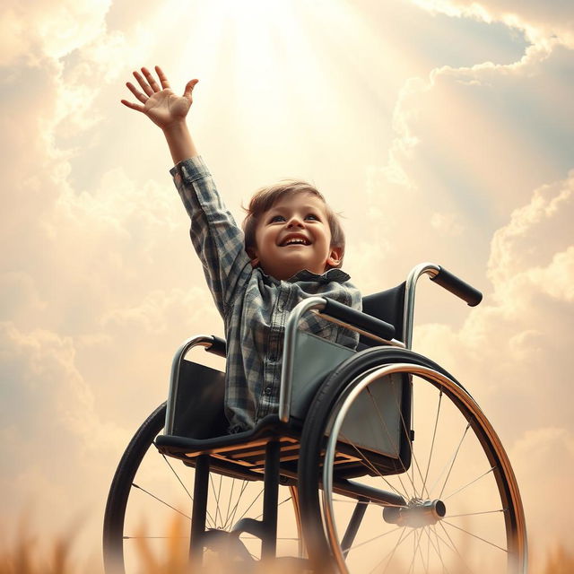 A poignant and inspirational scene of a little boy, appearing joyful and hopeful, emerging from a wheelchair