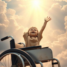 A poignant and inspirational scene of a little boy, appearing joyful and hopeful, emerging from a wheelchair