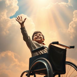 A poignant and inspirational scene of a little boy, appearing joyful and hopeful, emerging from a wheelchair