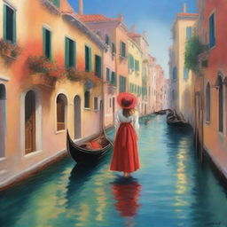 A spellbinding Studio Ghibli-inspired oil painting, capturing the beauty of Venice with illuminated buildings bordered by canals, a gondolier with a tricorn hat, and a red-haired girl holding a masked carnival figurine