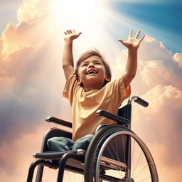 A poignant and inspirational scene of a little boy, appearing joyful and hopeful, emerging from a wheelchair