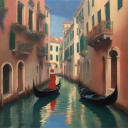 A spellbinding Studio Ghibli-inspired oil painting, capturing the beauty of Venice with illuminated buildings bordered by canals, a gondolier with a tricorn hat, and a red-haired girl holding a masked carnival figurine