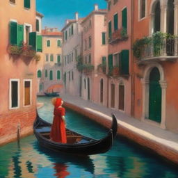 A spellbinding Studio Ghibli-inspired oil painting, capturing the beauty of Venice with illuminated buildings bordered by canals, a gondolier with a tricorn hat, and a red-haired girl holding a masked carnival figurine