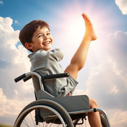 An inspiring and heartwarming scene featuring a little boy with short brunette hair, seated in a wheelchair with a big smile on his face