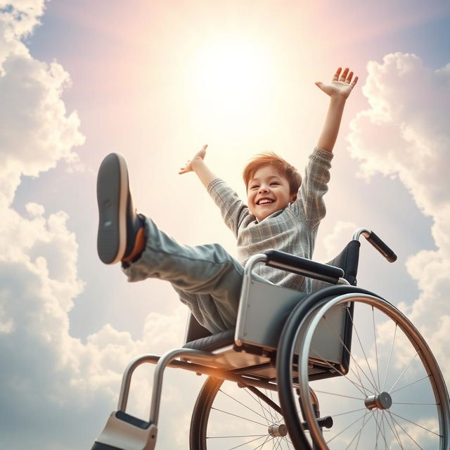 An inspiring and heartwarming scene featuring a little boy with short brunette hair, seated in a wheelchair with a big smile on his face