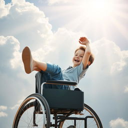 An inspiring and heartwarming scene featuring a little boy with short brunette hair, seated in a wheelchair with a big smile on his face
