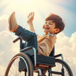 An inspiring and heartwarming scene featuring a little boy with short brunette hair, seated in a wheelchair with a big smile on his face