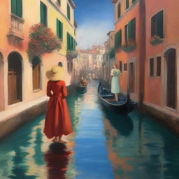 A spellbinding Studio Ghibli-inspired oil painting, capturing the beauty of Venice with illuminated buildings bordered by canals, a gondolier with a tricorn hat, and a red-haired girl holding a masked carnival figurine