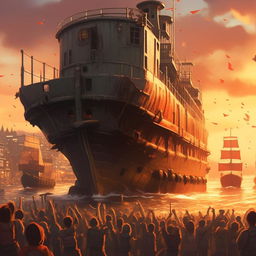 Generate an image in the style of Makoto Shinkai illustrating a poem. The scene shows a weathered ship that has completed its journey, approaching a port. Cheering people, jingling bells, and a steady, bold, grim vessel are the primary elements.