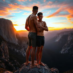 A stunning mountain vista at sunset, showcasing towering peaks and a vast valley below