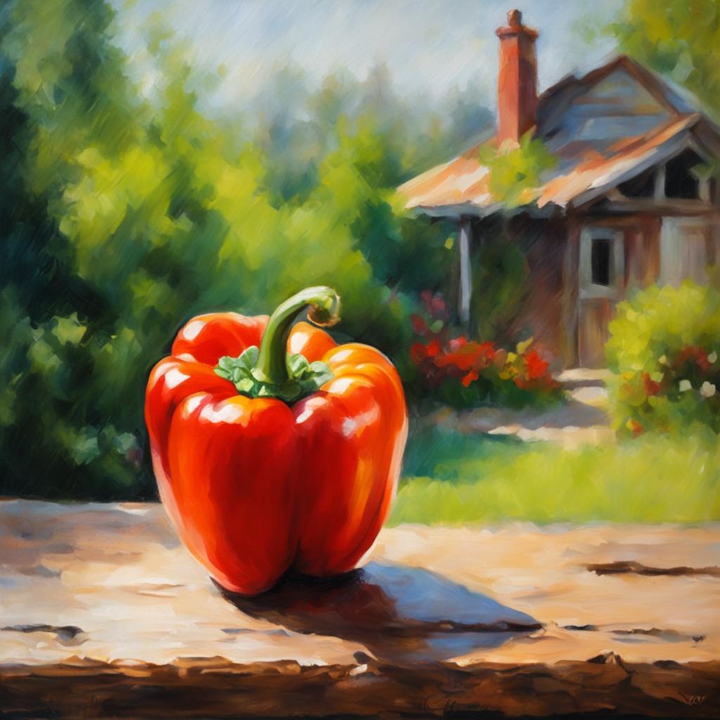 Studio Ghibli style oil painting of a vibrant red bell pepper on a rustic wooden table, with a blurred garden in the background