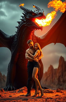 A powerful black dragon fiercely spitting bright orange fire, filling the atmosphere with warmth and intense light