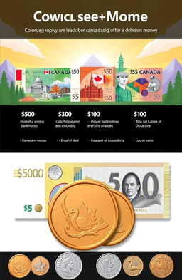 A visually engaging illustration showcasing the features of Canadian money, including colorful polymer banknotes and distinctive coins