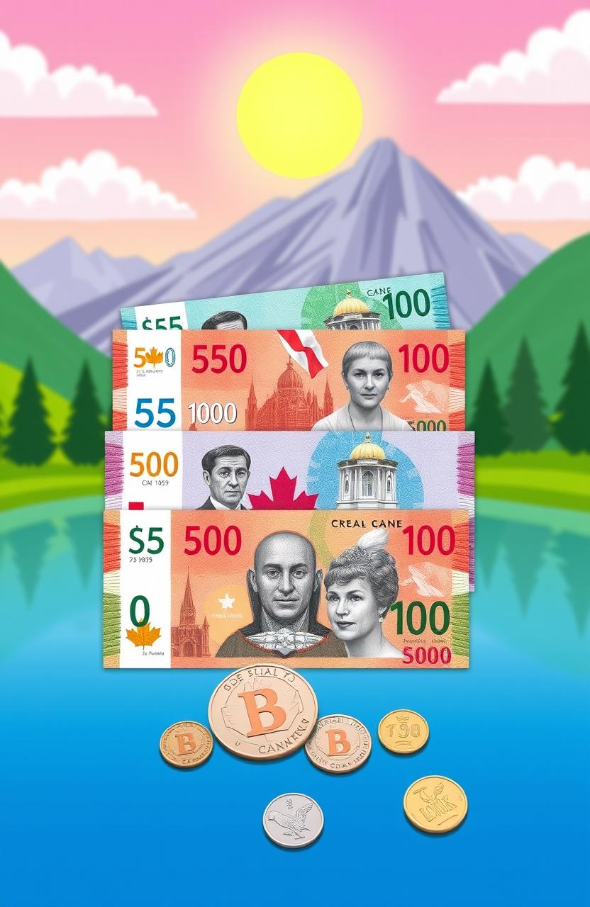 A visually engaging illustration showcasing the features of Canadian money, including colorful polymer banknotes and distinctive coins