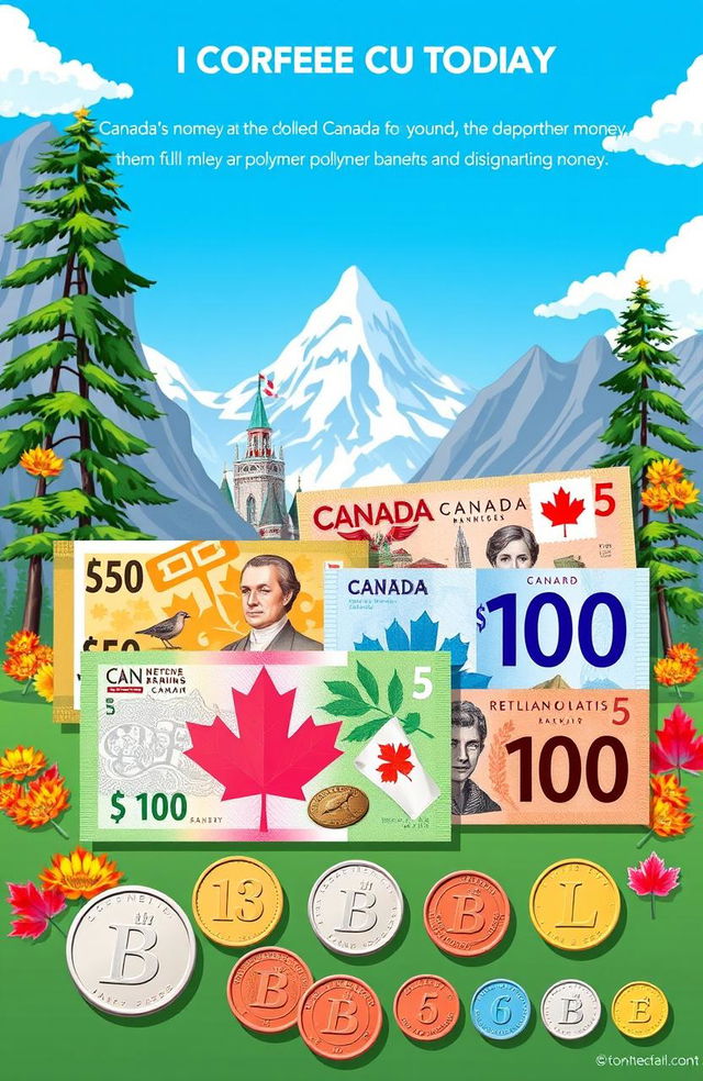 A visually engaging illustration showcasing the features of Canadian money, including colorful polymer banknotes and distinctive coins