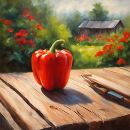 Studio Ghibli style oil painting of a vibrant red bell pepper on a rustic wooden table, with a blurred garden in the background