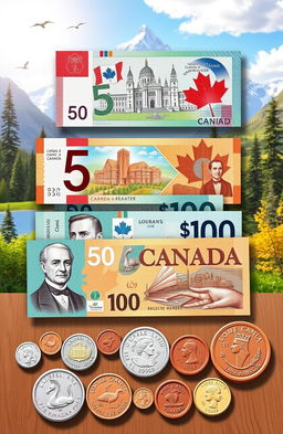 A visually engaging illustration showcasing the features of Canadian money, including colorful polymer banknotes and distinctive coins
